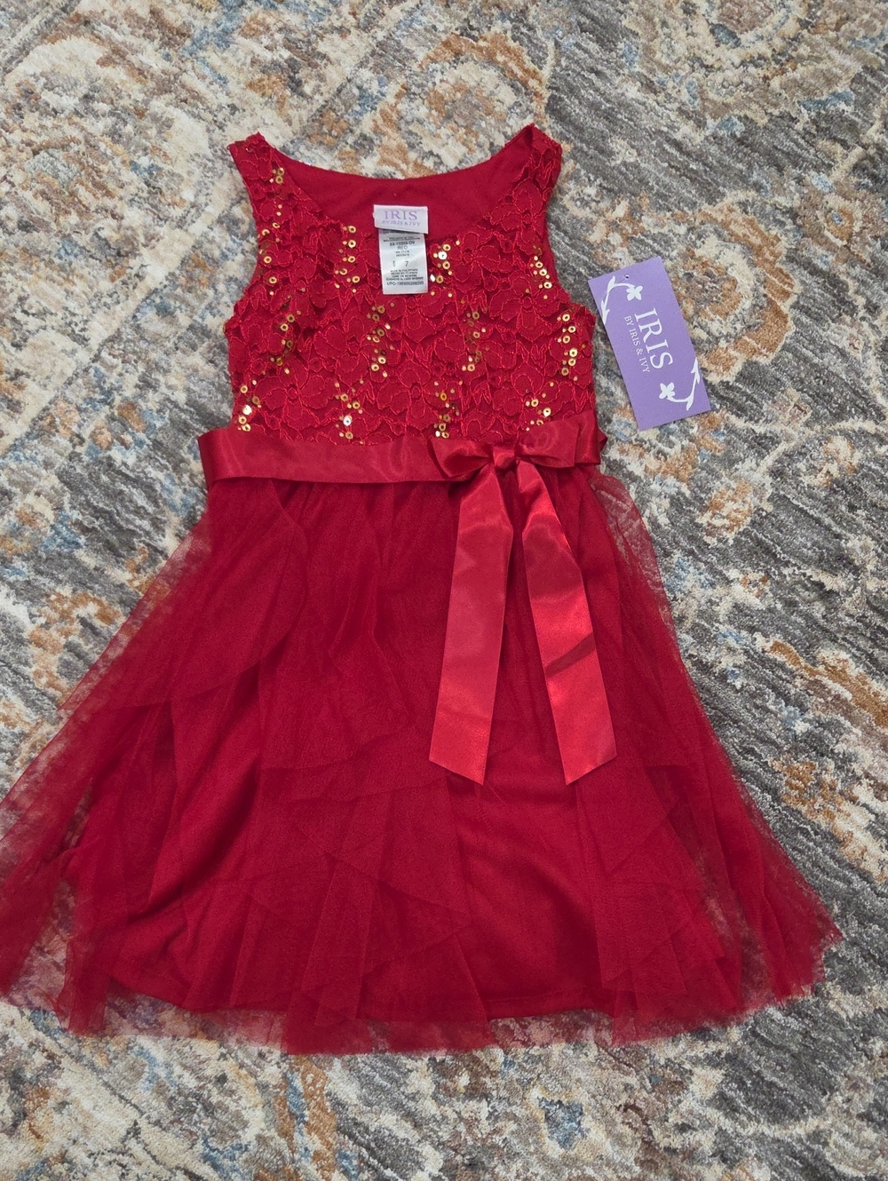 iris & ivy Red Lace Sequin Bow Tulle Party Dress